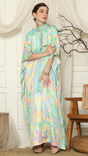 Green Abstract High Collar Short Kaftan