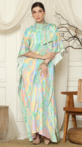 Green Abstract High Collar Short Kaftan