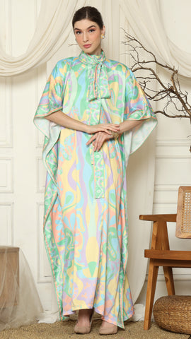 Green Abstract High Collar Short Kaftan