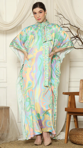 Green Abstract High Collar Short Kaftan