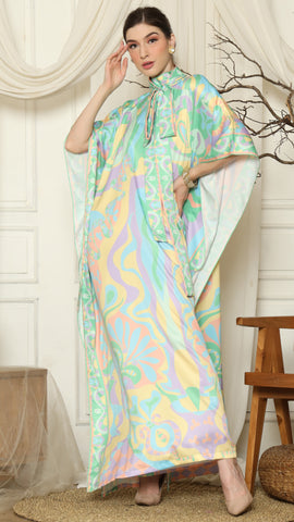 Green Abstract High Collar Short Kaftan