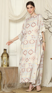 Light Grey Ikat Gold Short Sleeve Kaftan