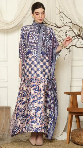 Blue Flower High Collar Short Kaftan