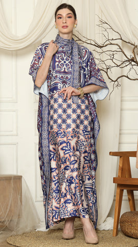 Blue Flower High Collar Short Kaftan