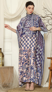 Blue Flower High Collar Short Kaftan