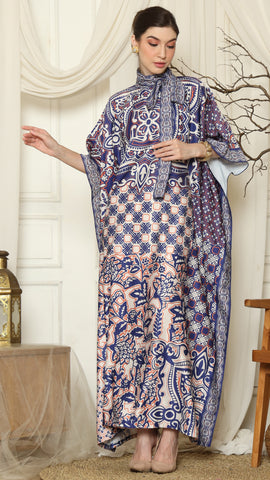 Blue Flower High Collar Short Kaftan