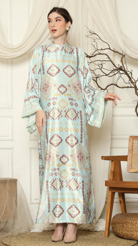 Aqua Ikat Gold Long Sleeve Dress