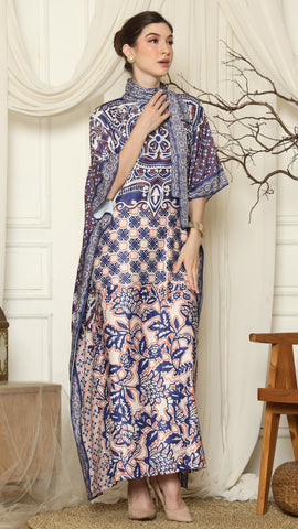 Blue Flower High Collar Short Kaftan