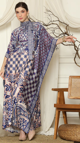 Blue Flower High Collar Short Kaftan