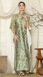 Green Orange Flower High Collar Short Kaftan