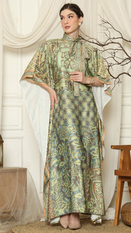 Green Orange Flower High Collar Short Kaftan