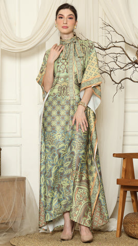 Green Orange Flower High Collar Short Kaftan