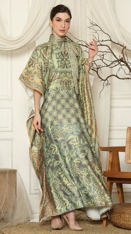 Green Orange Flower High Collar Short Kaftan