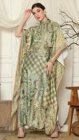 Green Orange Flower High Collar Short Kaftan