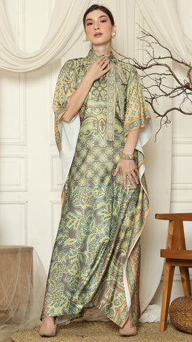 Green Orange Flower High Collar Short Kaftan