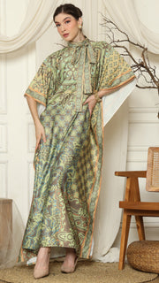 Green Orange Flower High Collar Short Kaftan