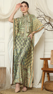 Green Orange Flower High Collar Short Kaftan