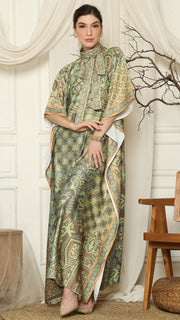 Green Orange Flower High Collar Short Kaftan