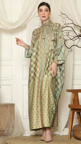 Green Orange Flower High Collar Long Kaftan