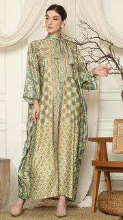 Green Orange Flower High Collar Long Kaftan