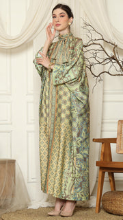 Green Orange Flower High Collar Long Kaftan