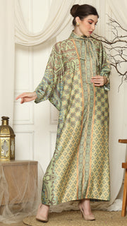 Green Orange Flower High Collar Long Kaftan