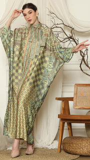 Green Orange Flower High Collar Long Kaftan