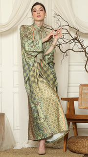 Green Orange Flower High Collar Long Kaftan