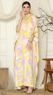 Pink Abstract High Collar Short Kaftan