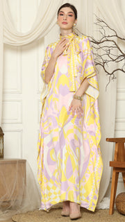 Pink Abstract High Collar Short Kaftan