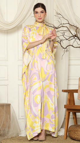 Pink Abstract High Collar Short Kaftan