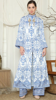 Blue White Songket Long Tunic Pants Set