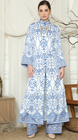 Blue White Songket Long Tunic Pants Set