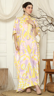 Pink Abstract High Collar Short Kaftan