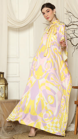 Pink Abstract High Collar Short Kaftan