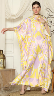 Pink Abstract High Collar Short Kaftan