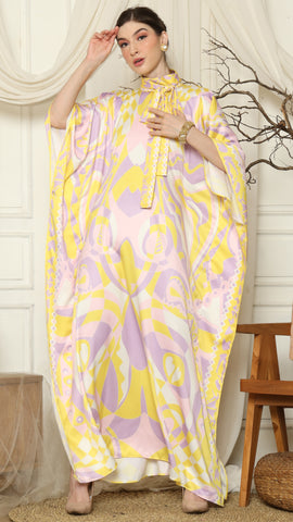 Pink Abstract High Collar Short Kaftan