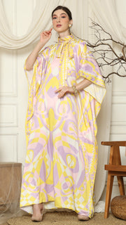 Pink Abstract High Collar Short Kaftan