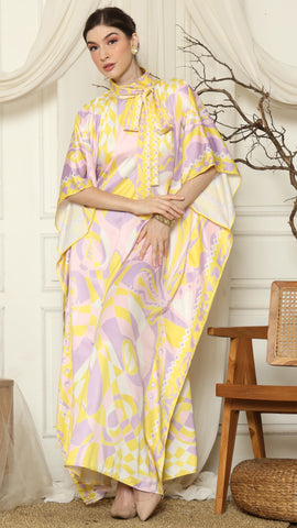 Pink Abstract High Collar Short Kaftan