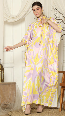 Pink Abstract High Collar Short Kaftan