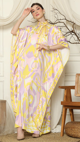 Pink Abstract High Collar Short Kaftan