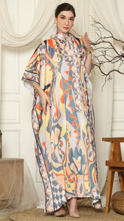 Grey Abstract High Collar Short Kaftan