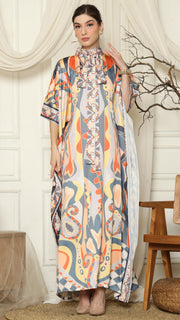 Grey Abstract High Collar Short Kaftan