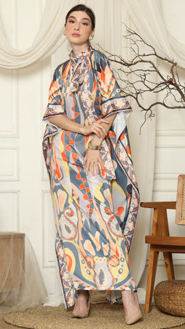 Grey Abstract High Collar Short Kaftan