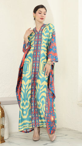 Yellow Blue Ikat Long Sleeve Kaftan