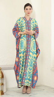 Yellow Blue Ikat Long Sleeve Kaftan