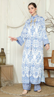 Blue White Songket Long Tunic Pants Set