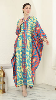 Yellow Blue Ikat Long Sleeve Kaftan