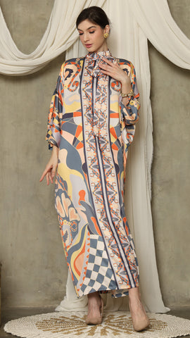 Grey Abstract High Collar Long Kaftan