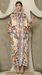 Grey Abstract High Collar Long Kaftan